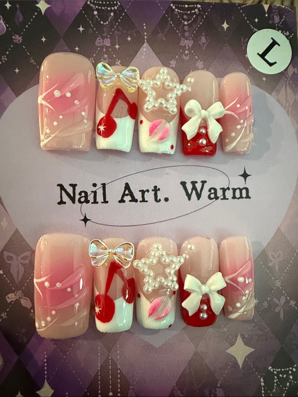 Pink & Red 3D Bow and Star handmade acrylic Press-On Nail Set